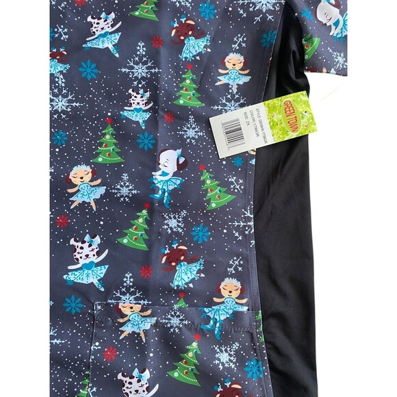 Green Town Christmas Scrub Top - 2X - Gray w/ Christmas Trees & Ballerinas - Picture 3 of 5